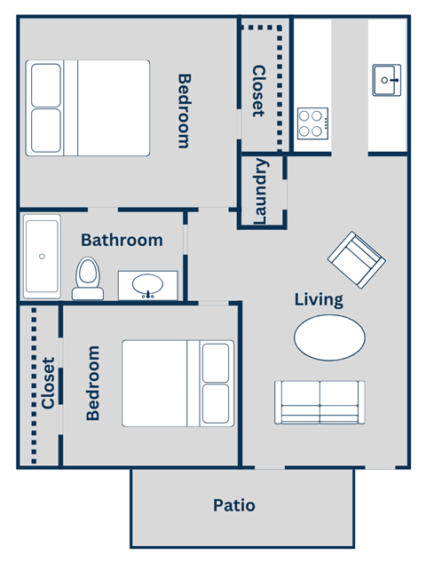 Floor plan for 2 beds, 1 bath, 747 sqft