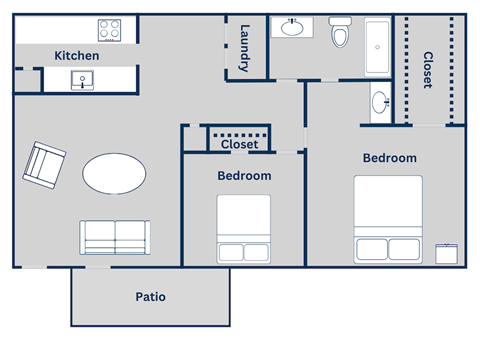 Floor plan for 2 beds, 1 bath, 782 sqft