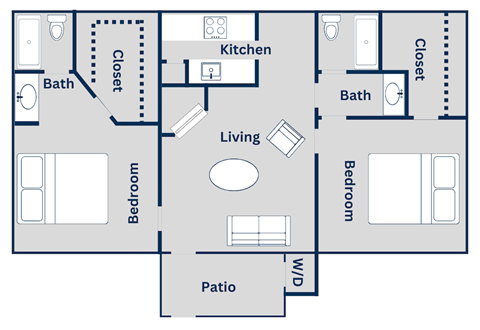 Floor plan for 2 beds, 2 baths, 837 sqft