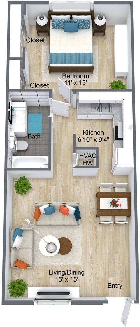 Floor plan for 1 bed, 1 bath, 620 sqft