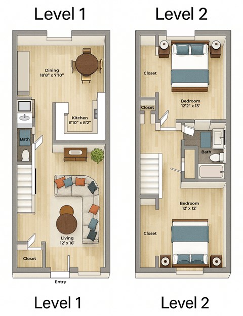 Floor plan for 2 beds, 1.5 baths, 1016 sqft