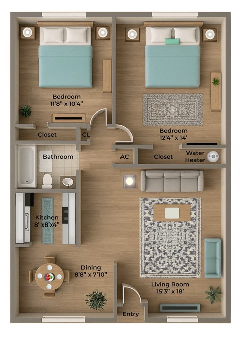 Floor plan for 2 beds, 1 bath, 785 sqft