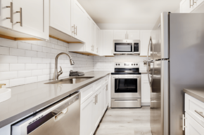 Birmingham apartment for rent - a modern kitchen with stainless steel appliances and white cabinets at Spring Lake Cove Apartments, Birmingham Alabama