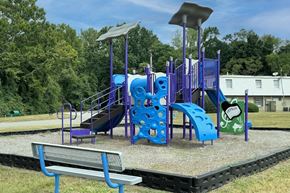 Birmingham apartment for rent - a playground at a park with a blue playset at Spring Lake Cove Apartments, Alabama