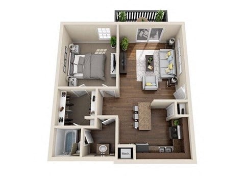 Floor plan for 1 bed, 1 bath, 709 sqft