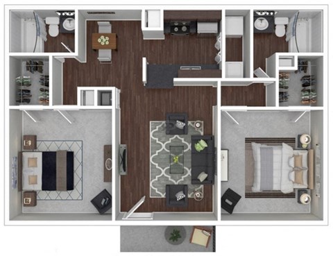 Floor plan for 2 beds, 2 baths, 970 sqft