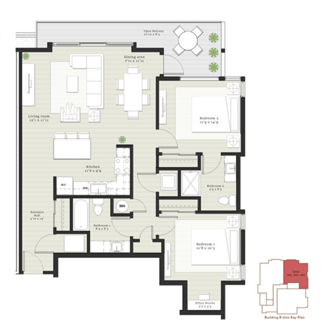 Floor plan for 2 beds, 2 baths, 1006 sqft