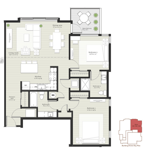 Floor plan for 2 beds, 2 baths, 1054 sqft