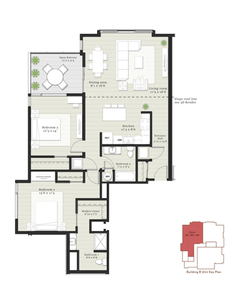 Floor plan for 2 beds, 2 baths, 1196 sqft