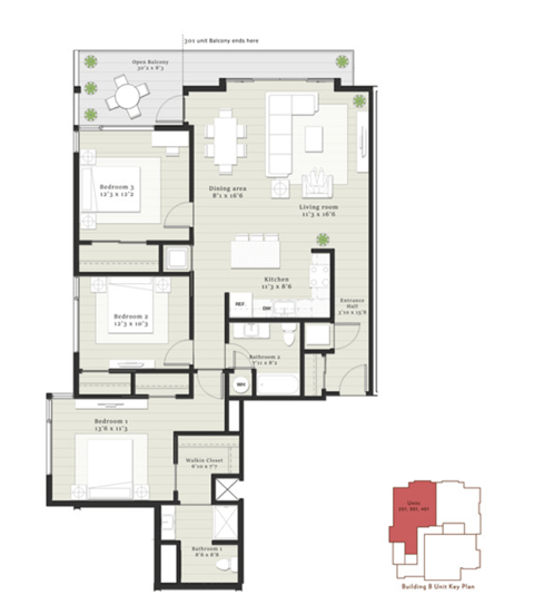 Floor plan for 3 beds, 2 baths, 1314 sqft