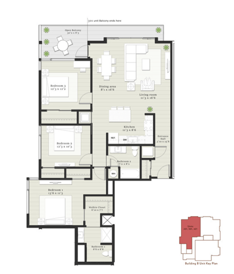 Floor plan for 3 beds, 2 baths, 1373 sqft