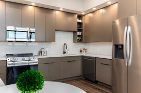 South Bend apartment for rent - A modern kitchen with a stainless steel refrigerator and a green plant on the counter.