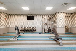 South Bend apartment for rent - A gym with a row of dumbbells and a bench press.
