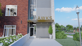 Goshen apartment for rent - a rendering of a building with a hawk sign on the side of it