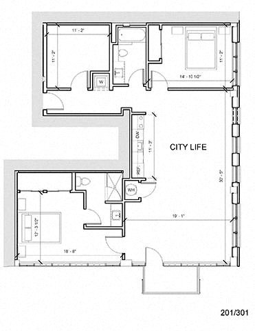 Floor plan for 2 beds, 2 baths, 1307 sqft