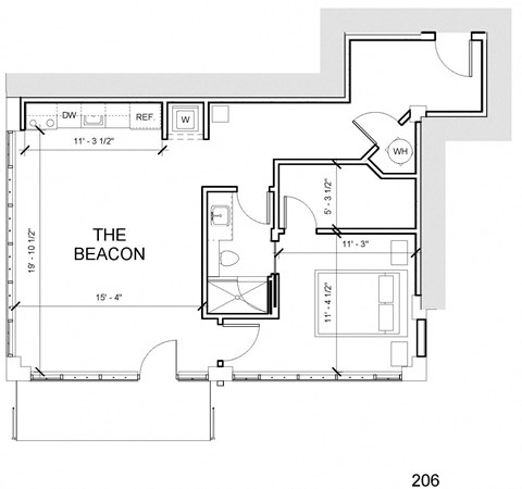 Floor plan for 1 bed, 1 bath, 787 sqft