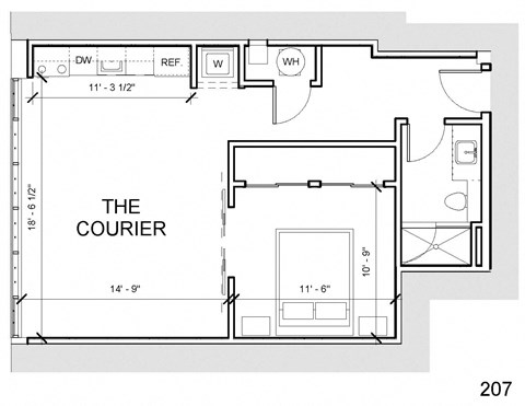 Floor plan for 1 bed, 1 bath, 643 sqft