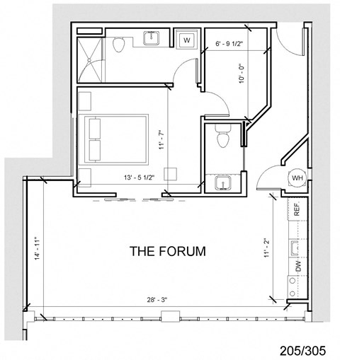 Floor plan for 1 bed, 1.5 baths, 870 sqft
