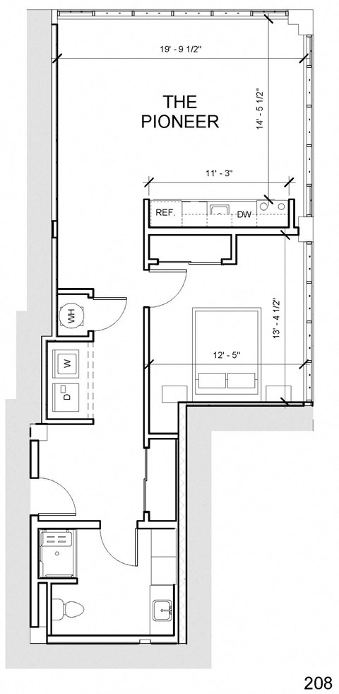 Floor plan for 1 bed, 1 bath, 814 sqft