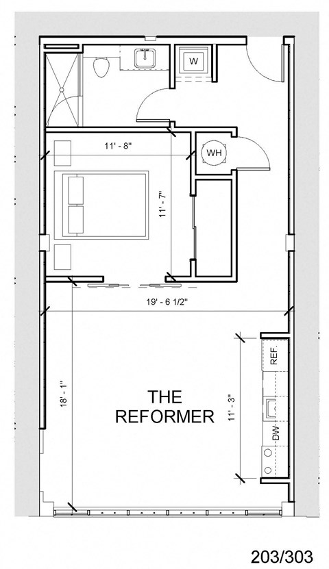 Floor plan for 1 bed, 1 bath, 725 sqft