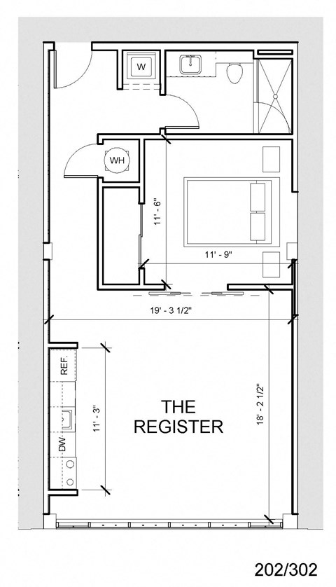 Floor plan for 1 bed, 1 bath, 715 sqft