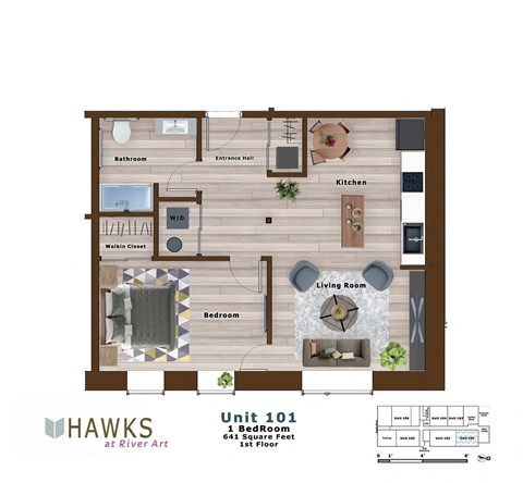Floor plan for 1 bed, 1 bath, 641 sqft