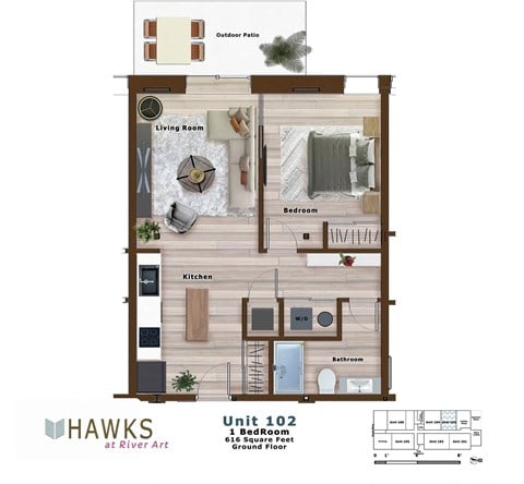 Floor plan for 1 bed, 1 bath, 616 sqft
