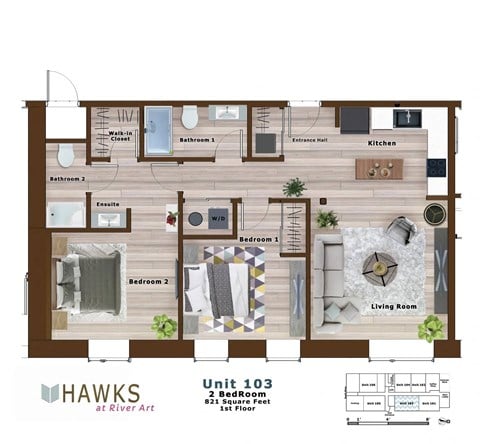 Floor plan for 2 beds, 2 baths, 821 sqft
