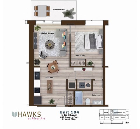 Floor plan for 1 bed, 1 bath, 685 sqft