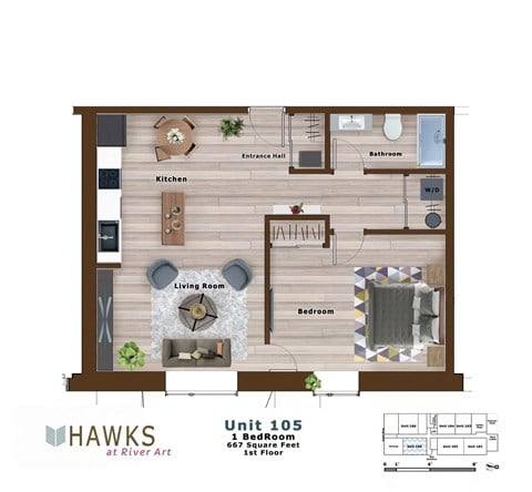 Floor plan for 1 bed, 1 bath, 667 sqft