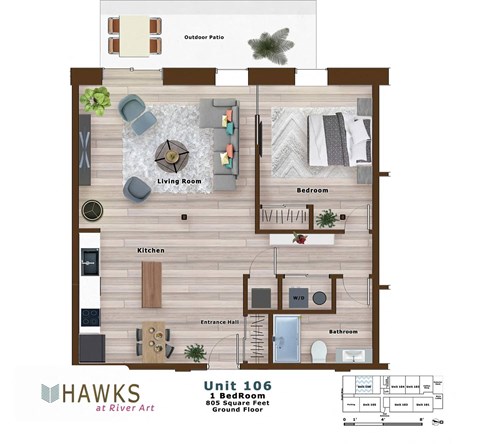 Floor plan for 1 bed, 1 bath, 805 sqft