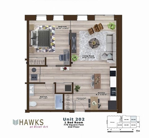 Floor plan for 1 bed, 1 bath, 770 sqft