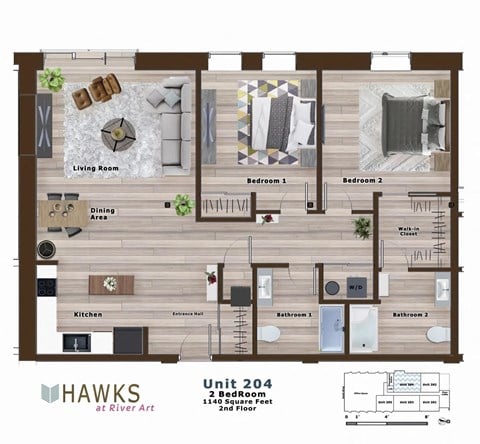 Floor plan for 2 beds, 2 baths, 1920 sqft