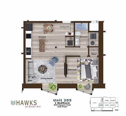 Floor plan for 1 bed, 1 bath, 635 sqft