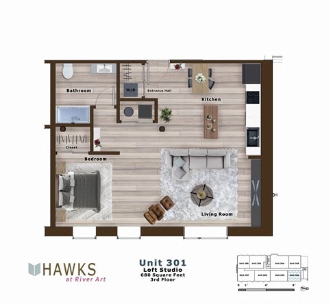 Floor plan for studio, 1 bath, 680 sqft