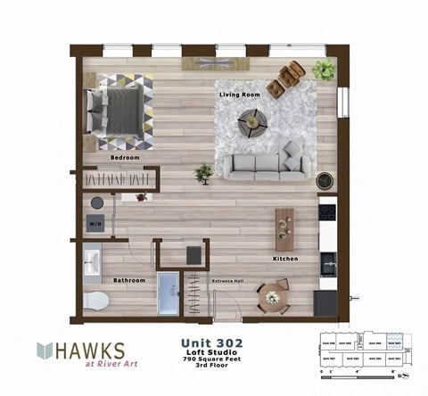 Floor plan for 1 bed, 1 bath, 790 sqft