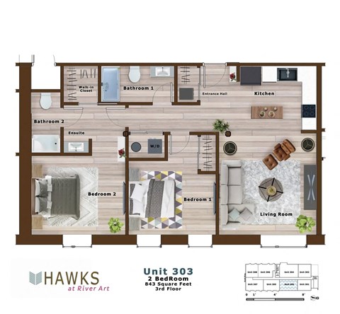 Floor plan for 2 beds, 2 baths, 843 sqft