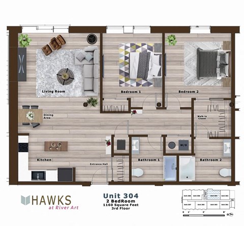 Floor plan for 2 beds, 2 baths, 1160 sqft