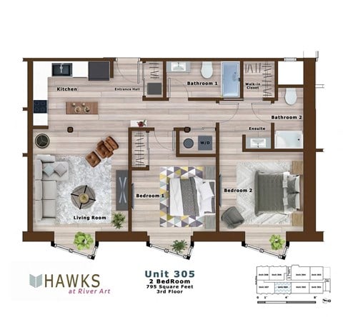 Floor plan for 2 beds, 2 baths, 795 sqft