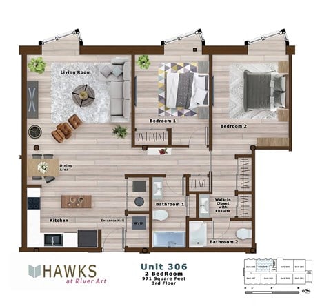 Floor plan for 2 beds, 2 baths, 971 sqft