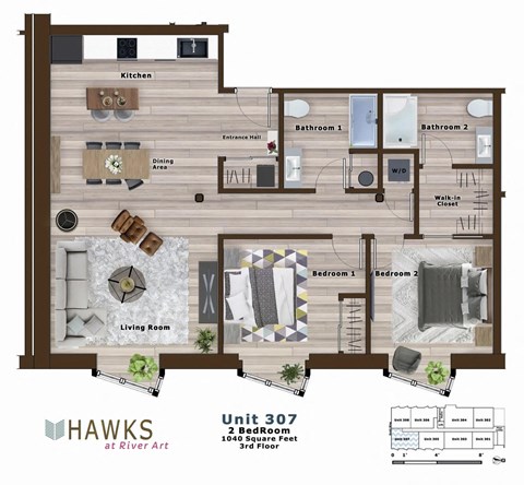 Floor plan for 2 beds, 2 baths, 1040 sqft