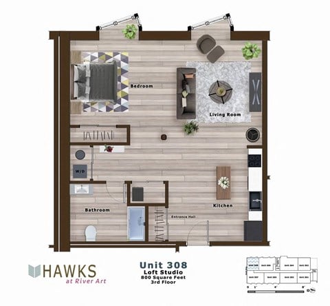 Floor plan for studio, 1 bath, 800 sqft