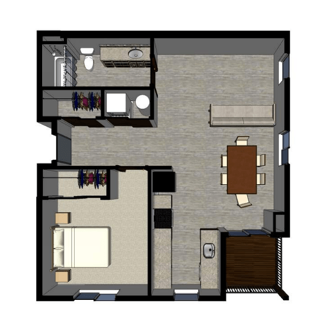 Floor plan for 1 bed, 1 bath, 757 sqft