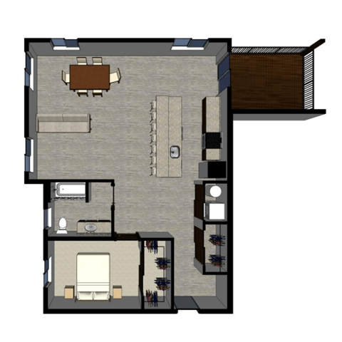Floor plan for 1 bed, 1 bath, 992 sqft