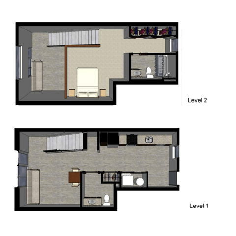 Floor plan for 1 bed, 1.5 baths, 736 sqft