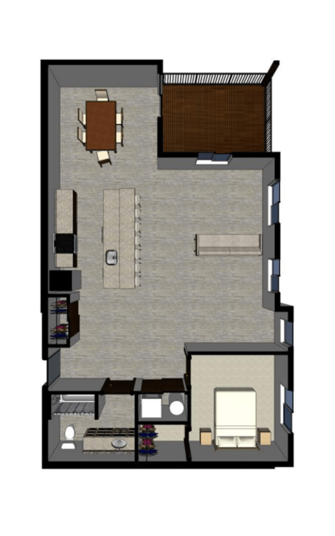 Floor plan for 1 bed, 1 bath, 1044 sqft