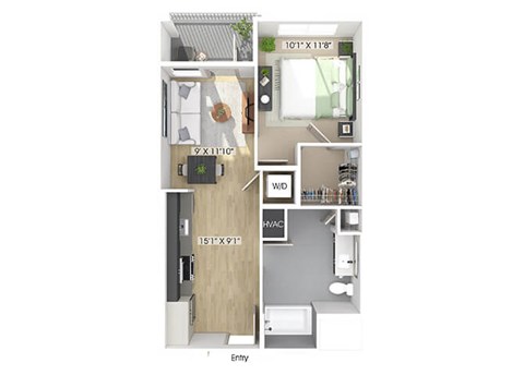 Floor plan for 1 bed, 1 bath, 635 sqft