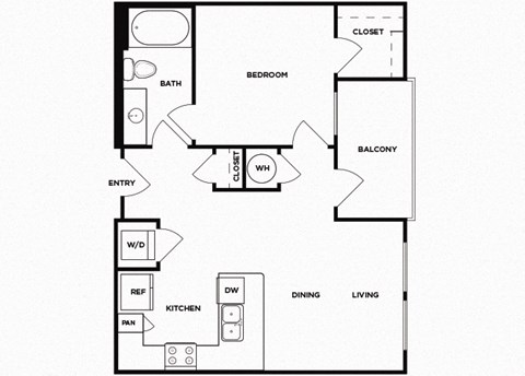 Floor plan for 1 bed, 1 bath, 612 sqft