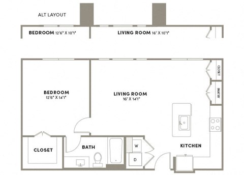 Floor plan for 1 bed, 1 bath, 644 sqft