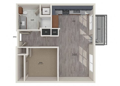 Floor plan for 1 bed, 1 bath, 655 sqft